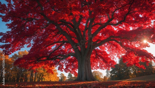 A towering tree with bright crimson foliage shimmering under the sun