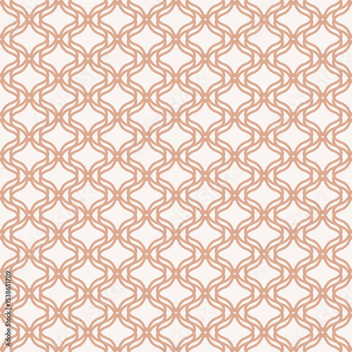 Abstract ornamental seamless pattern in oriental style. Vector geometric ornament texture with curved lines, mesh, grid, net, lattice. Elegant background in peach and white color. All-over design