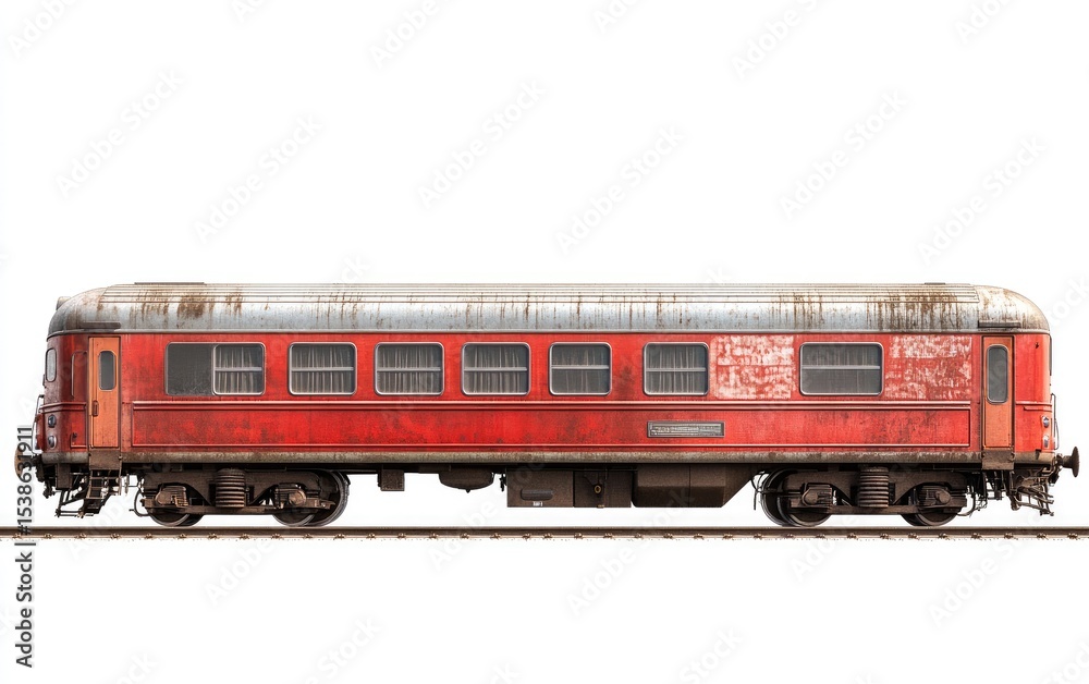 Fototapeta premium Rusty red vintage passenger train car isolated on white background.