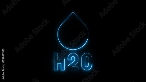 Glowing Neon Falling Water Drops Isolated on Black Background. Water drop neon, H2O text and water drop Super slow motion of dripping water drop filmed with macro lens.