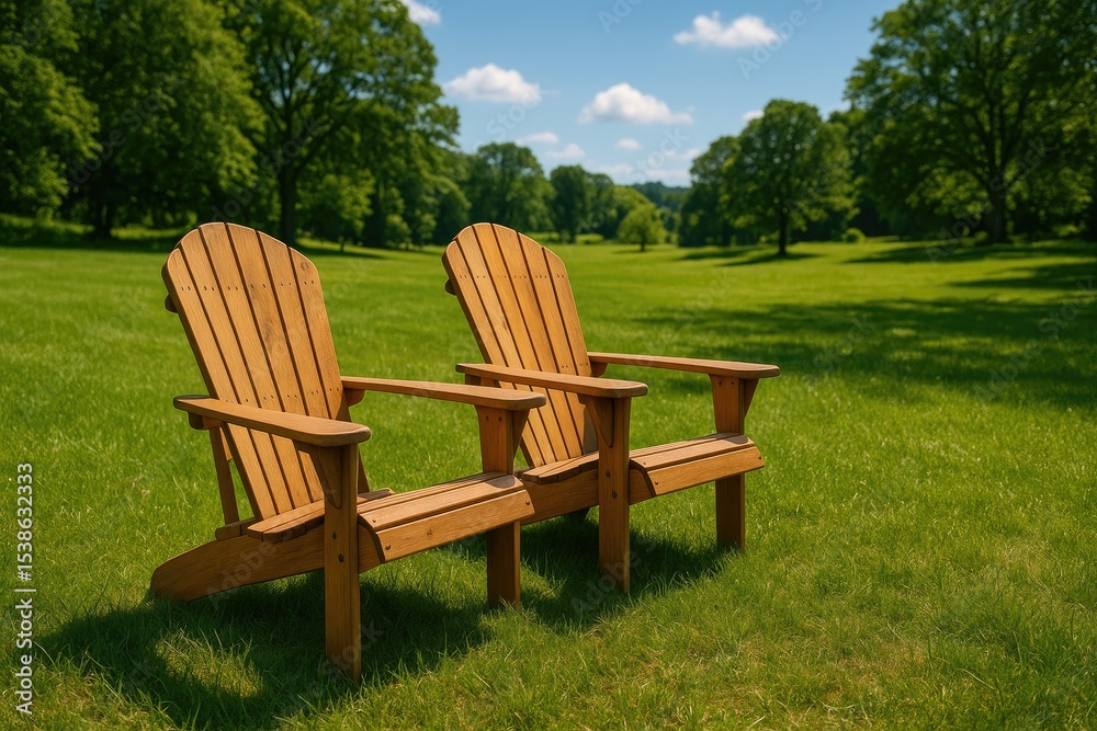 Two outdoor lounge chairs on a grassy area, turned to the left Two outdoor lounge chairs on a grassy area, turned to the left