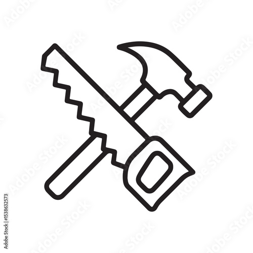 Hammer and Saw Line Art Icon – Minimalist Construction Tools Vector Illustration.