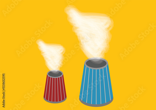 Illustration of Red and Blue Chimneys Emitting Smoke on Yellow Background