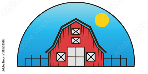 Red Farm Barn Under a Bright Sun With a Clear Blue Sky