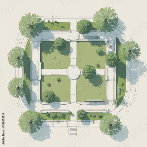 Architectural Drawings, people plan vector in park out door illustration, top view, Minimal style hand drawn, set elements for architecture and landscape