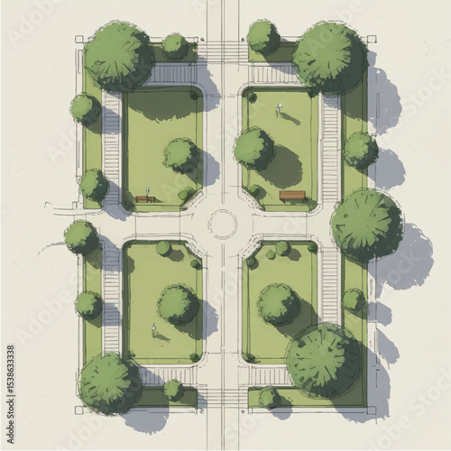 Architectural Drawings, people plan vector in park out door illustration, top view, Minimal style hand drawn, set elements for architecture and landscape