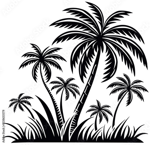 A bold black silhouette of lush palm trees and grass, evoking a serene island escape, perfect for tropical-themed designs, prints, and decorations.