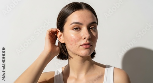 Portrait of a woman with acne touching her short dark hair