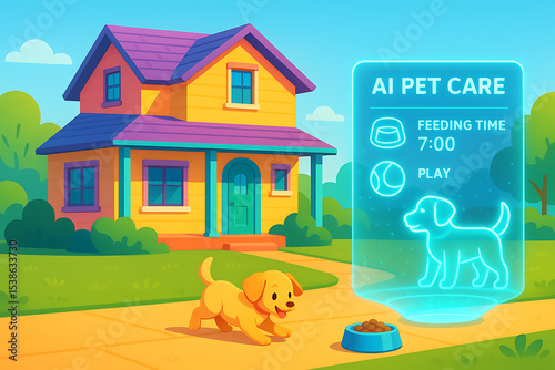 Smart AI technology solution for pet care shown with happy puppy outside cartoon house illustration