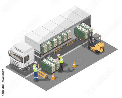 Construction workers loading cement bags onto a delivery truck using forklift and pallet jack to ensure efficient material transportation and site logistics