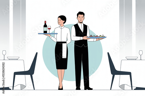 Cartoon Waitress and Waiter Serving Food and Wine at Elegant Restaurant Tables