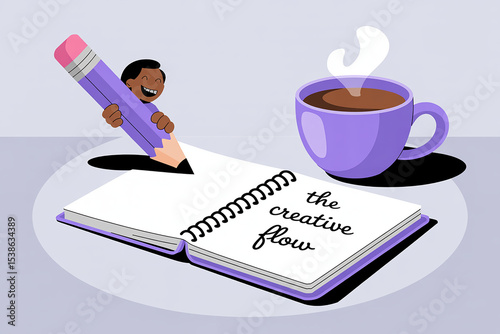 Cartoon Person with Pencil Writing Creative Flow in Notebook Beside Steaming Purple Coffee