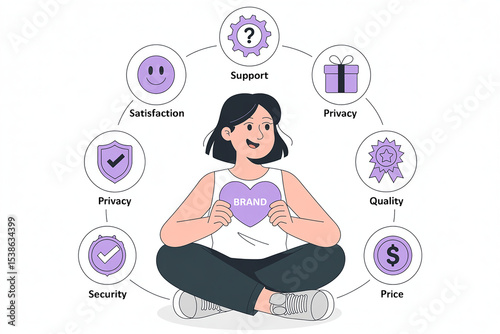 Cartoon Woman Holding Brand Heart Surrounded by Customer Service and Quality Elements Illustration