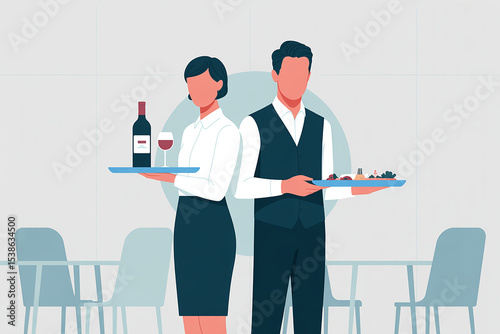 Elegant Restaurant Servers Woman with Wine, Man with Food, Refined Dining Illustration