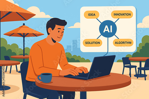 Man working laptop coffee shop outdoor technology artificial intelligence focused illustration concept displaying AI diagram