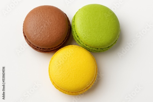 Close-up of three vividly colored macaroons on a white background from a top-down perspective