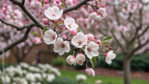 Detailed view of blooming Crabapple Malus 'Laura' flowers during springtime in a garden