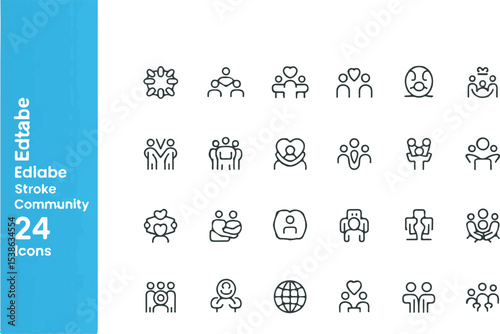 Twenty Four Editable Stroke Community Icons Black Linear People Group Symbols Teamwork Collaboration Network Connections
