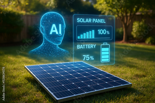 Holographic artificial intelligence display shows solar panel data and battery status for smart home energy efficiency
