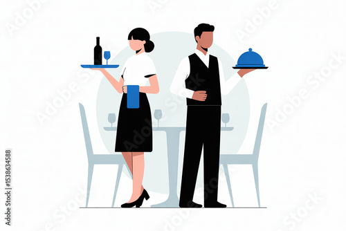 Flat Illustration of Restaurant Waitress with Wine and Waiter with Plated Dish
