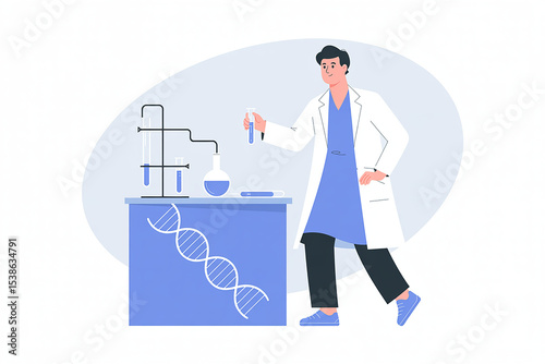 Scientist in Lab Coat Examining Test Tube with Scientific Equipment and DNA Illustration