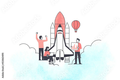 Team Launching Rocket with Data Analysis, Illustration of Startup Success and Business Growth