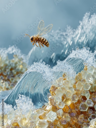 Surreal Honeybee Flying Over Honeycomb Waves