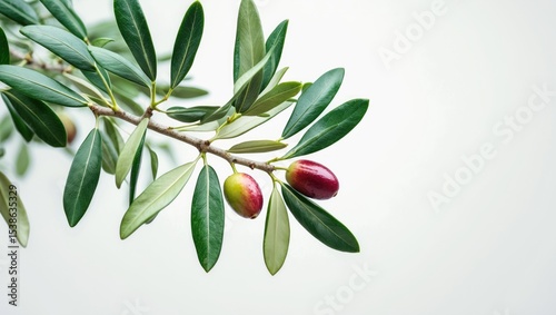 Detailed shot of an olive tree branch against a plain white backdrop