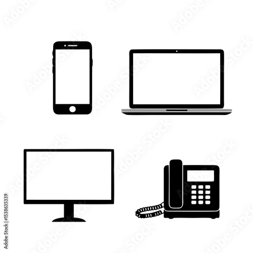 Modern Digital Devices: Smartphone, Laptop, Monitor & Landline Phone