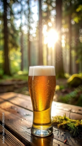 Refreshing golden beer with frothy head in tall glass on rustic wood table, vibrant forest backdrop with sunlight filtering through the trees