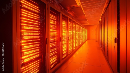 Modern server room interior with rows of data center racks, glowing orange light reflections, and futuristic big data storage infrastructure for cloud computing and cybersecurity concepts




