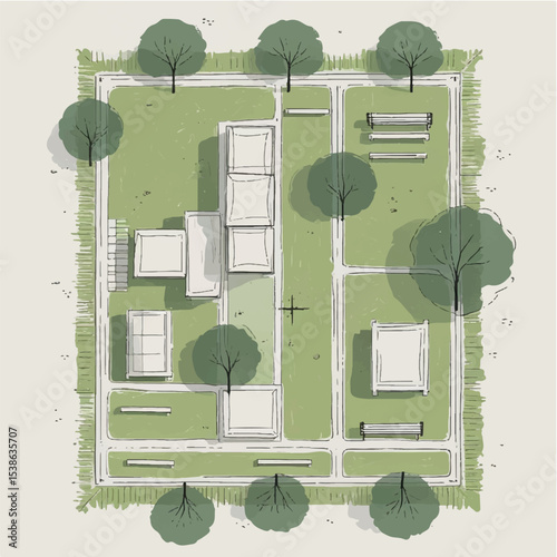 Architectural Drawings, people plan vector in park out door illustration, top view, Minimal style hand drawn, set elements for architecture and landscape