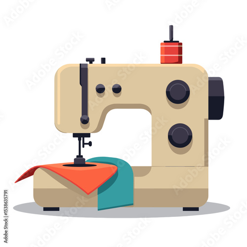 Illustration of a Beige Sewing Machine with Red and Blue Fabric on a White Background