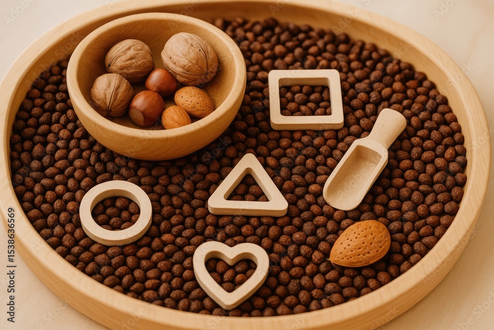 Fototapeta premium Detailed view of a tactile puzzle featuring dried fruit pits and nuts