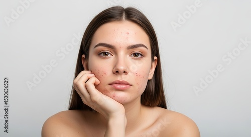 Woman with acne skin posing with hand on face portrait