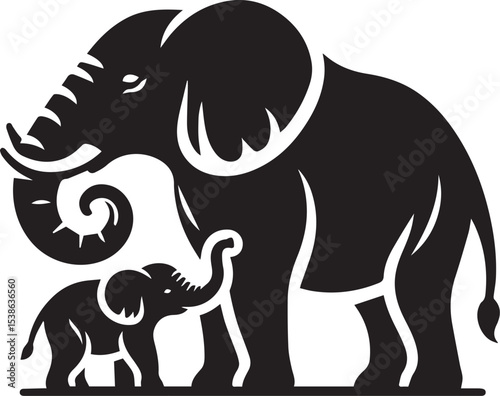 Majestic African Elephant and Calf Family Wildlife Animal Illustration in Black and White Style