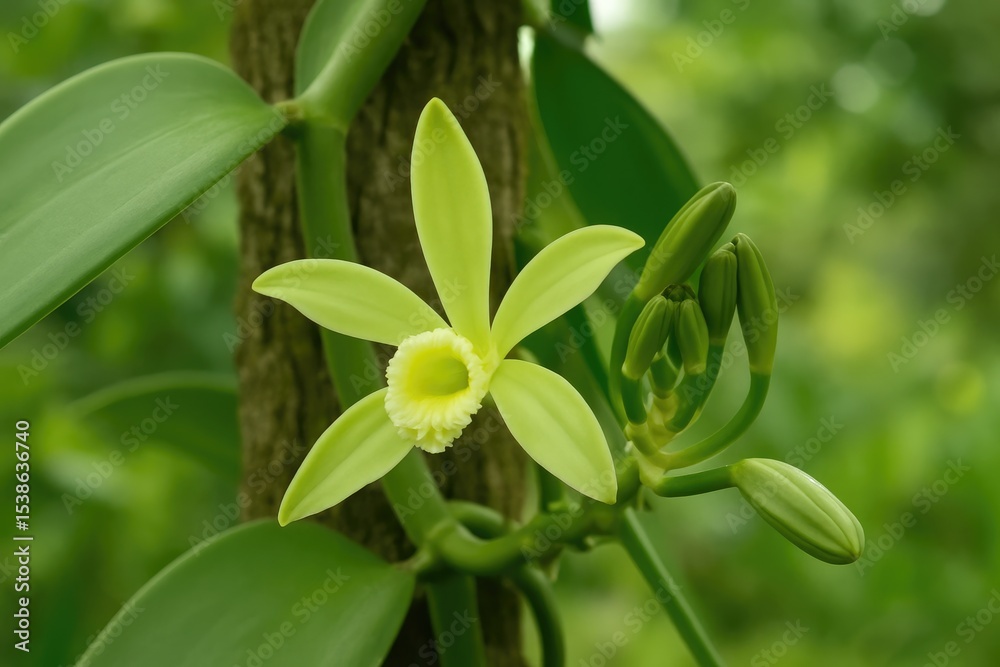 Fototapeta premium Detailed view of a vanilla orchid climbing plant with blooming flowers outdoors, showcasing flat leaves and the source of vanilla spice in a vertical shot.
