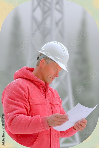 Substation Worker Reviewing Documents in Snowy Weather