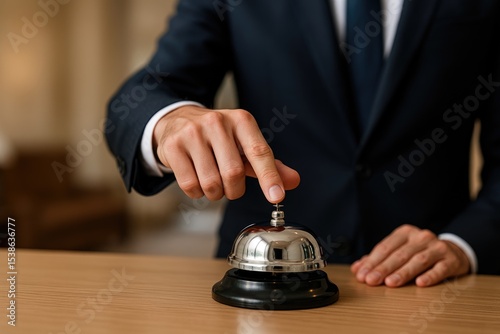 Close-up of a hand activating a service bell to summon assistance