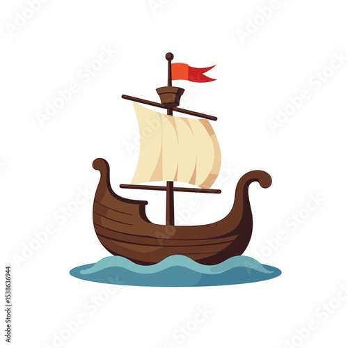 Illustration of a Viking Longship Sailing on Water with a Red Flag Waving in the Wind