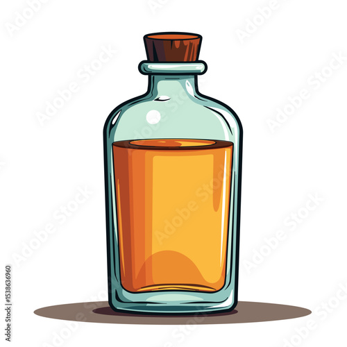 Illustration of a Clear Glass Bottle with Golden Liquid and Cork Stopper, Isolated on White Background