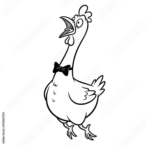 Cartoon chicken with a bow tie looking up and squawking in black and white illustration style