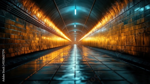 Futuristic illuminated tunnel with reflective wet floor and glowing orange and blue lights creating a modern sci-fi atmosphere.