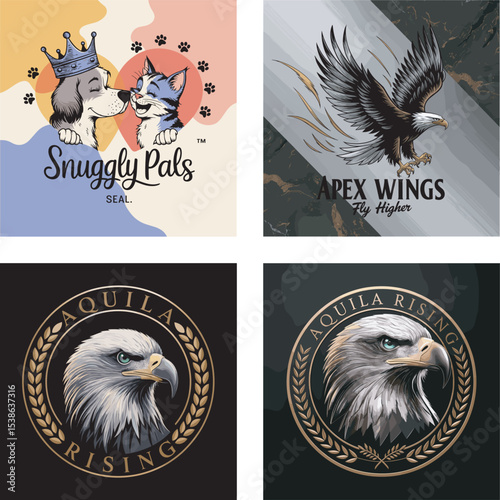 Collection of four diverse logo designs featuring cute pet animal characters and majestic eagle illustrations for branding purposes