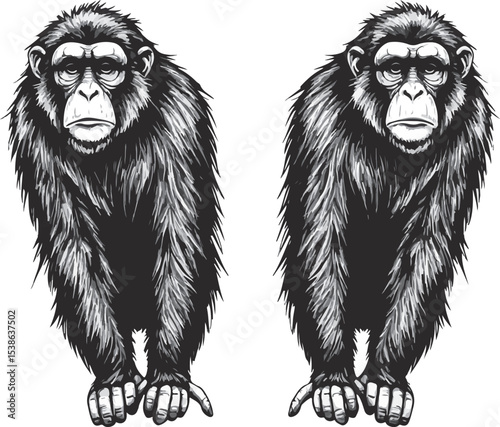 Two sad aggressive monkeys sketch vector, emotional primate illustration with detailed hairy fur, intense wild animal expressions, hand-drawn jungle art, expressive monkey face, tribal wildlife design
