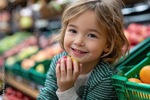 A happy child in colorful is holding an apple and standing next to the shopping cart at a supermarket, surrounded by fruits and vegetables on the shelves