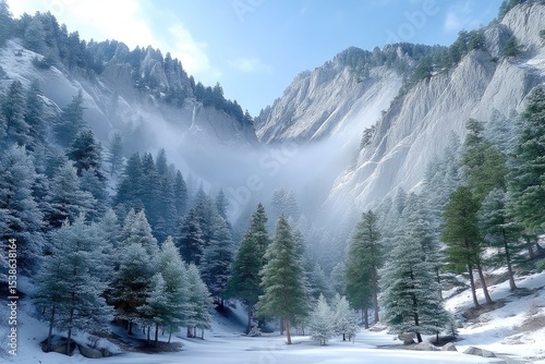 Sunlight Breaking Through Clouds Over Icy Canyon in Snowy Mountains