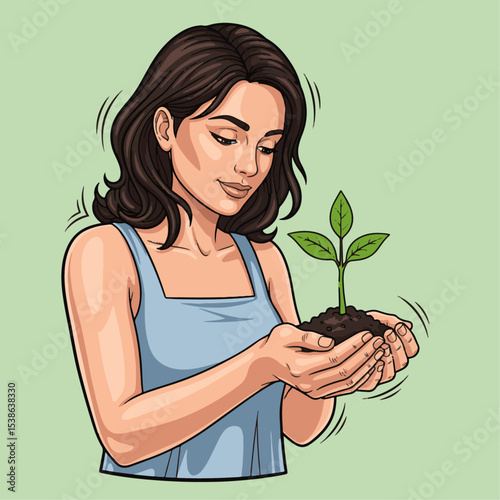 Woman holding young sapling in hands symbolizing growth and environmental care