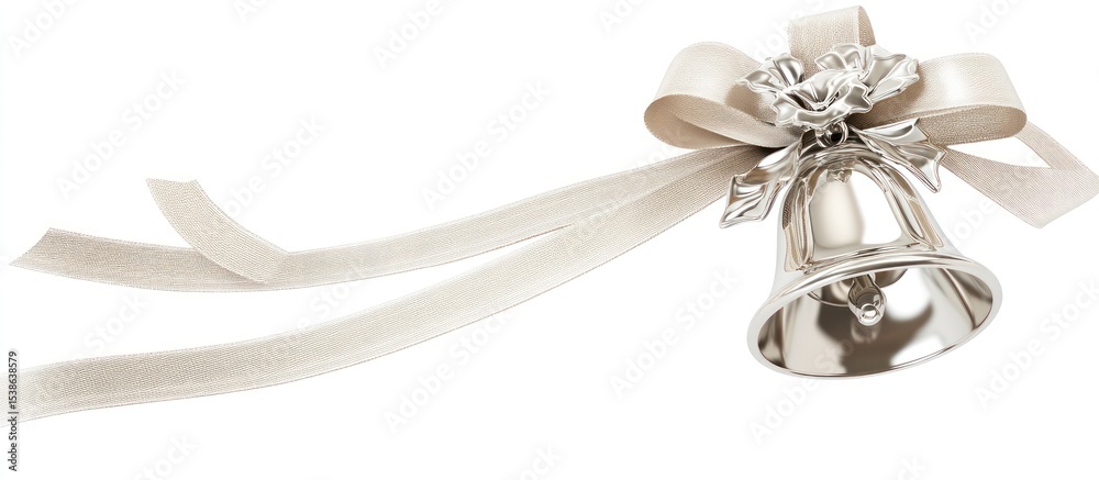 Naklejka premium Elegant silver bell with a soft ivory ribbon, symbol of celebrations and festive occasions