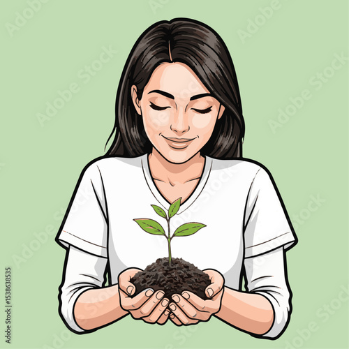 Curious girl holding soil with sprouting seedling symbolizing growth and hope